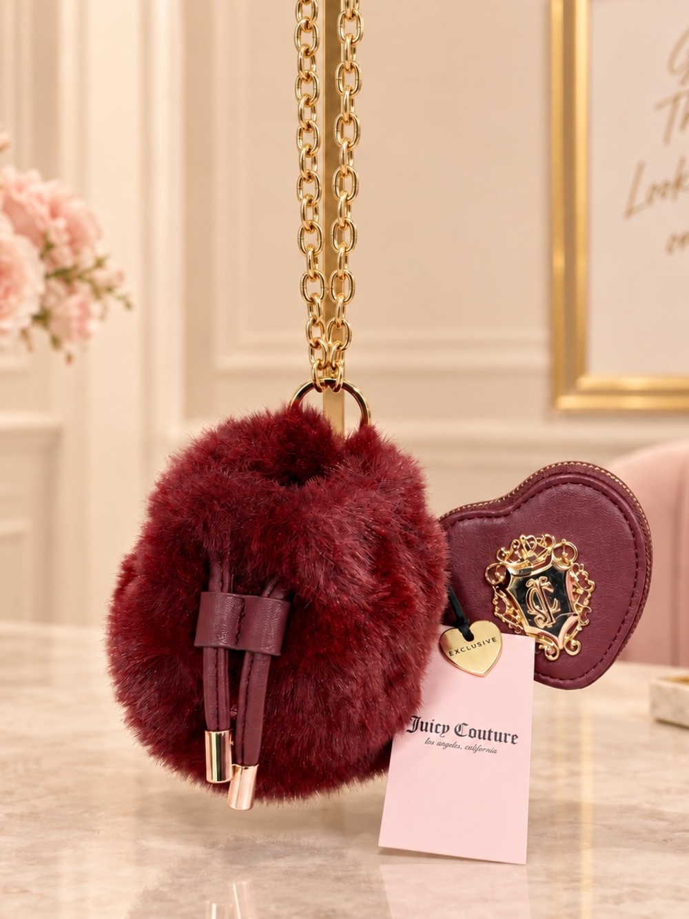 Juicy Couture Burgundy Faux Fur Pom-Pom Bag Charm with Gold Chain